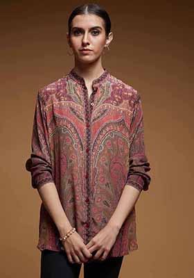 Brown Printed Rhinestones Work Bemberg Crepe Top