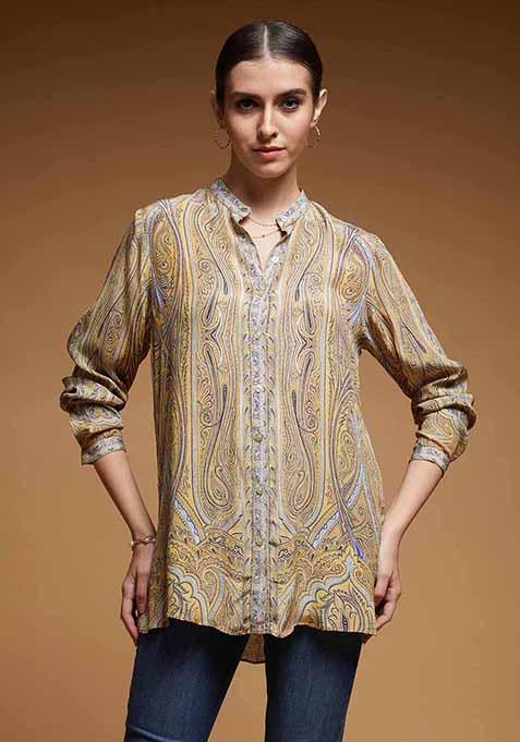 Mustard Printed Rhinestones Bemberg Crepe Top