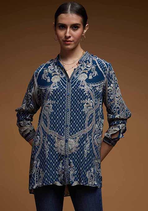 Blue Printed Rhinestones Bemberg Crepe Top