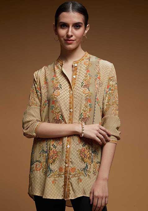 Beige Digital Print Bemberg Crepe Top