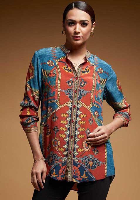 Red Digital Print Bemberg Crepe Top