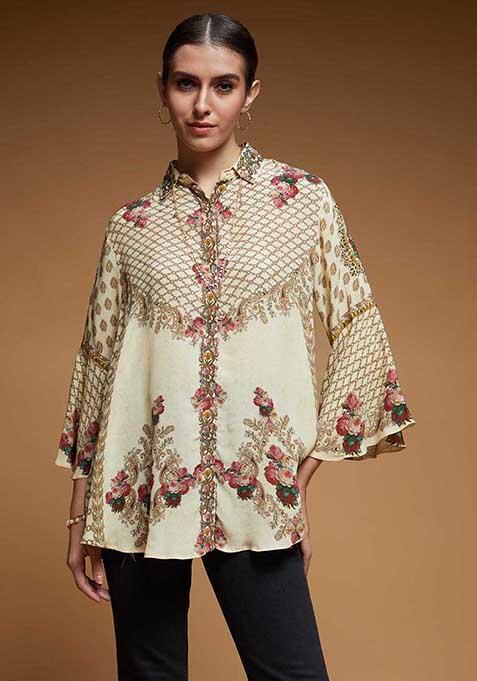 Ivory Digital Print Bemberg Crepe Top