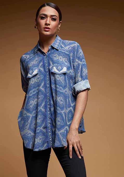 Sky Blue Digital Print Bemberg Crepe Top