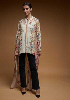 Beige Digital Print Rhinestones Work Bemberg Crepe Top