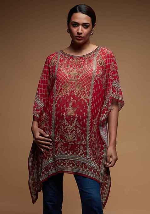 Red Digital Print Viscose Georgette Short Kaftan