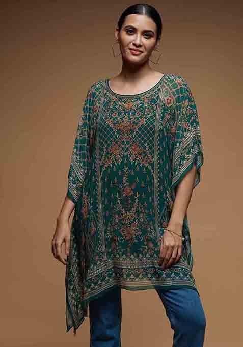 Teal Digital Print Viscose Georgette Short Kaftan