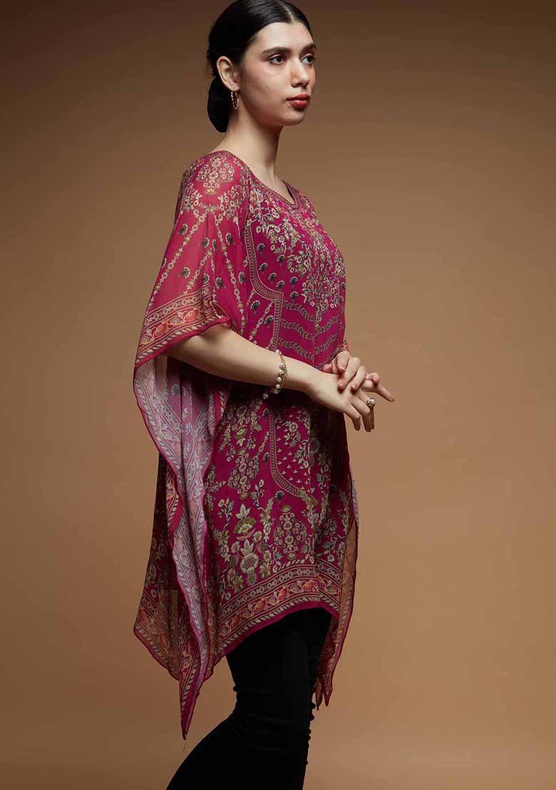 Fuchsia Digital Print Viscose Georgette Short Kaftan