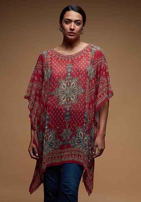 Fuchsia Digital Print Viscose Georgette Short Kaftan