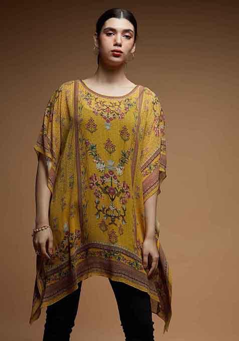 Mustard Digital Print Viscose Georgette Short Kaftan