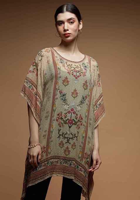 Beige Digital Print Viscose Georgette Short Kaftan