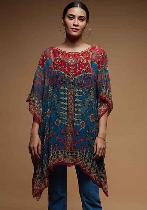 Red And Blue Digital Print Viscose Georgette Short Kaftan