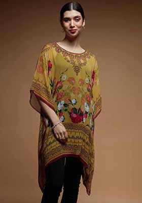 Mustard Yellow Printed Viscose Georgette Short Kaftan