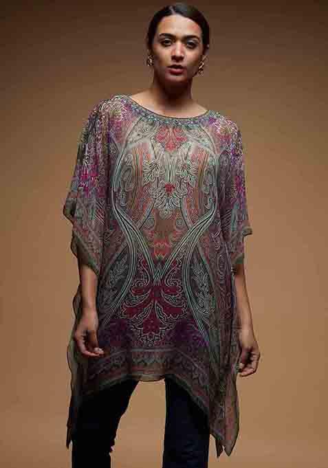 Wine Viscose Georgette Digital Print Short Kaftan