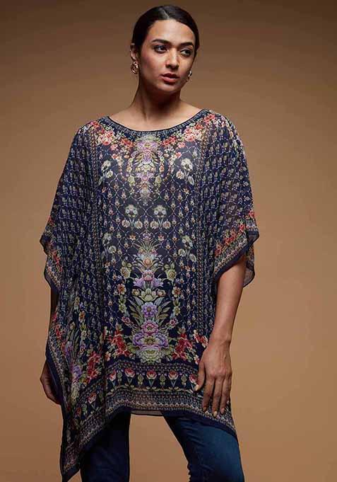 Blue Digital Print Viscose Georgette Short Kaftan