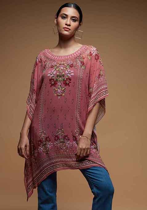 Pale Pink Digital Print Viscose Short Kaftan