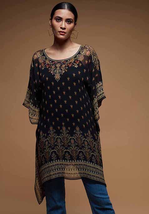 Black Digital Print Viscose Georgette Short Kaftan