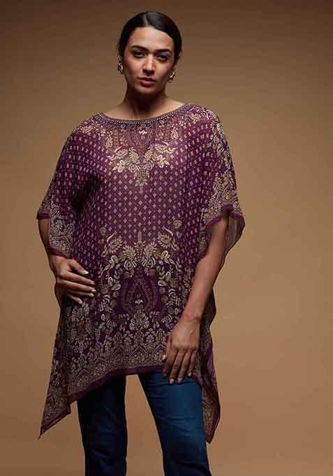 Wine Digital Print Viscose Georgette Short Kaftan