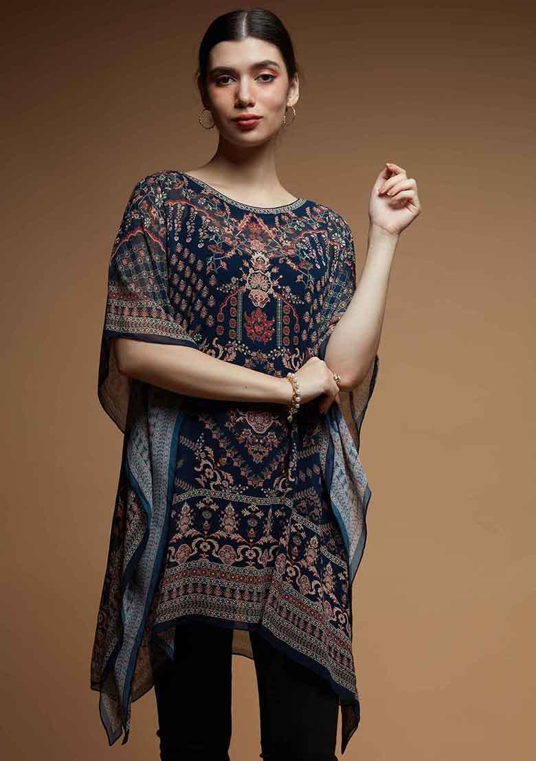 Dark Blue Printed Viscose Georgette Short Kaftan