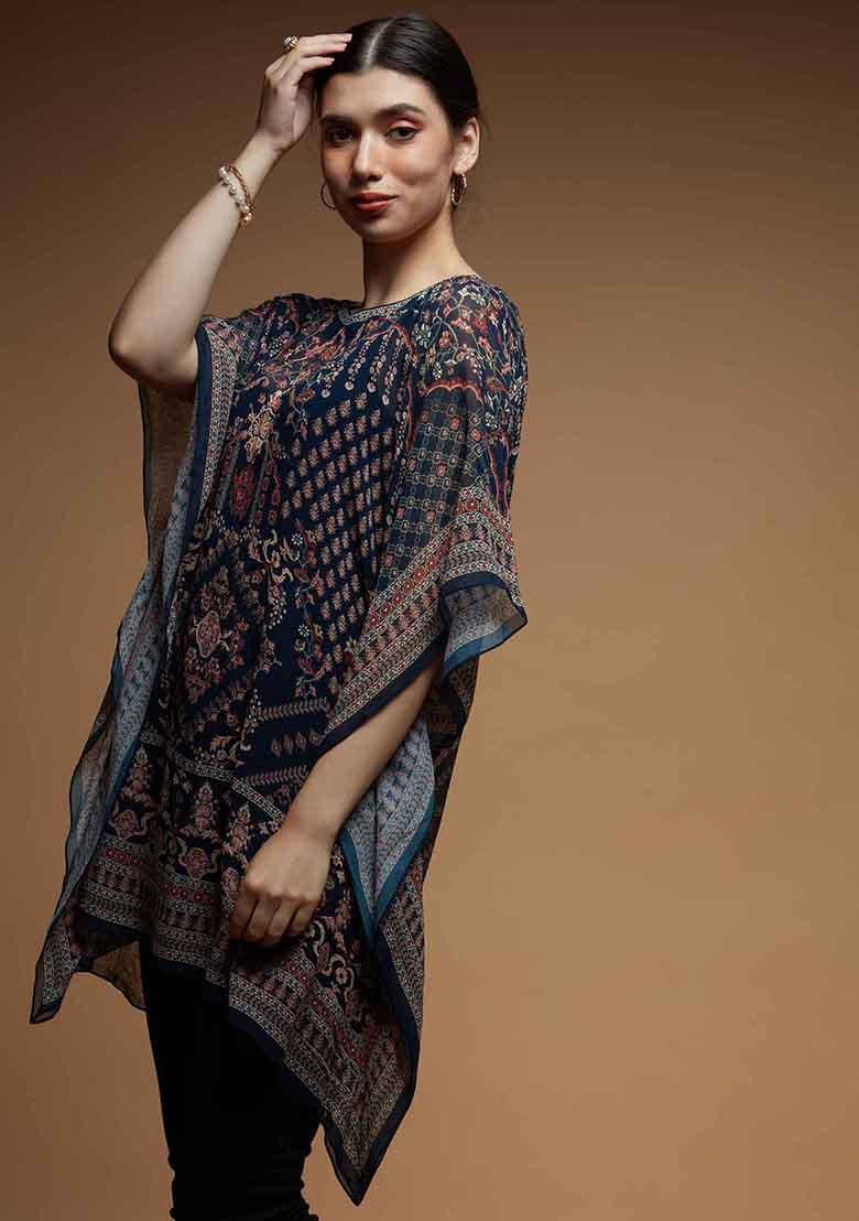 Dark Blue Printed Viscose Georgette Short Kaftan