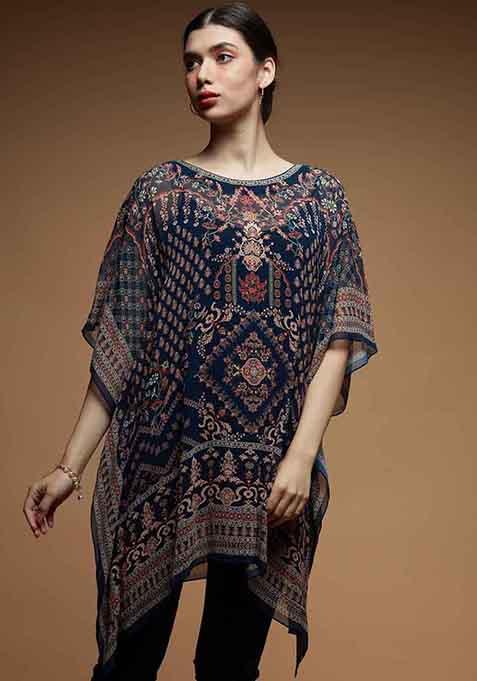 Dark Blue Printed Viscose Georgette Short Kaftan