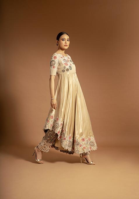 Beige Cutdana Bead Embroidered Pure Satin Crepe Kurta Set