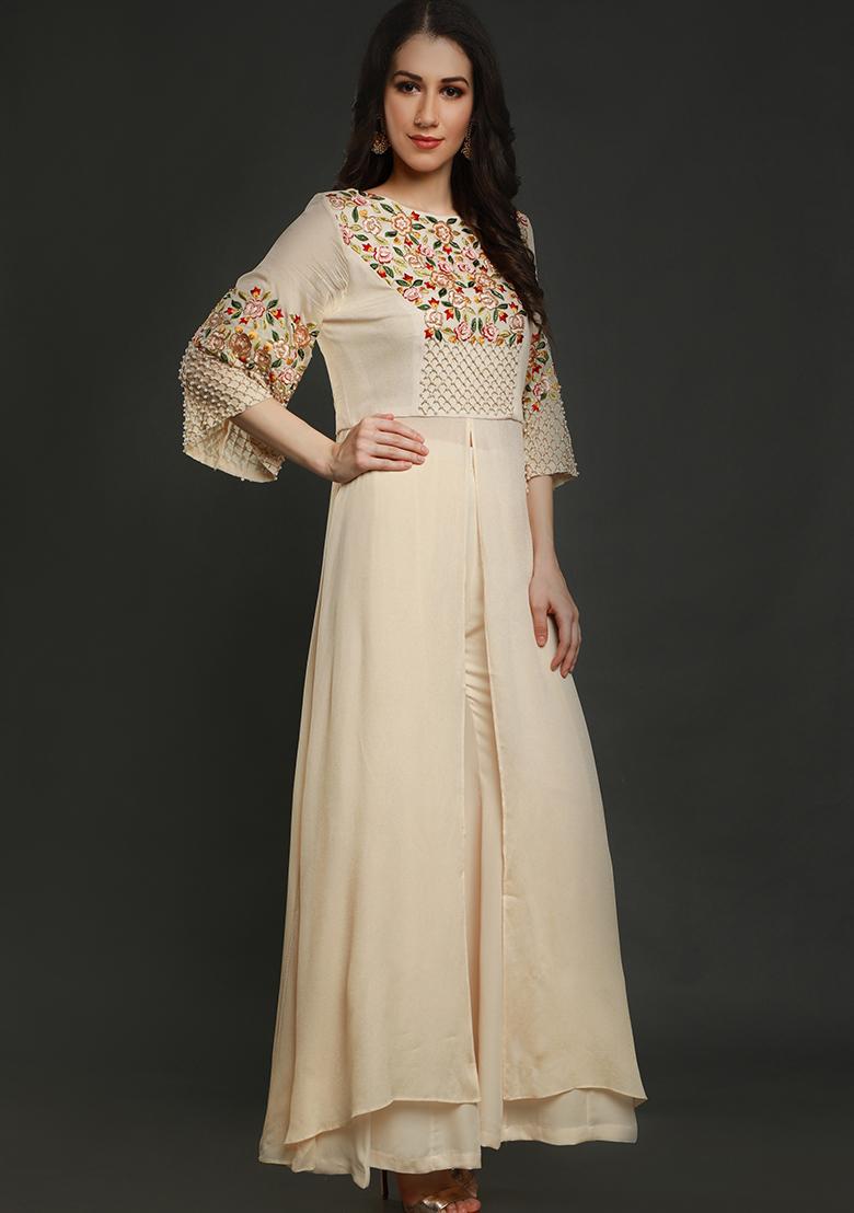 Cream Thread Work Crepe Tunic Set