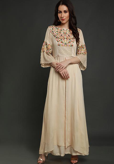 Cream Thread Work Crepe Tunic Set