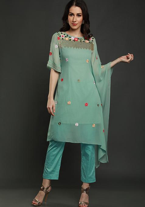 Aqua Blue Thread Work Georgette Kaftan Set