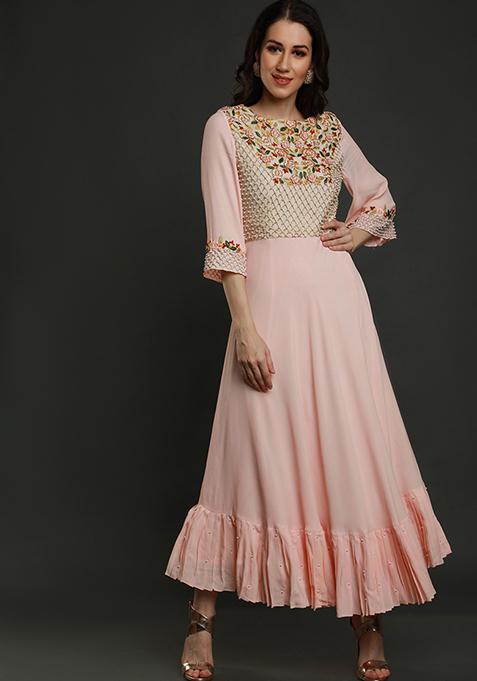 Light Peach Thread Work Crepe Tunic