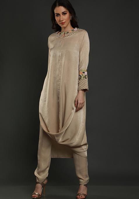 Sand Beige Thread Work Crepe Tunic Set