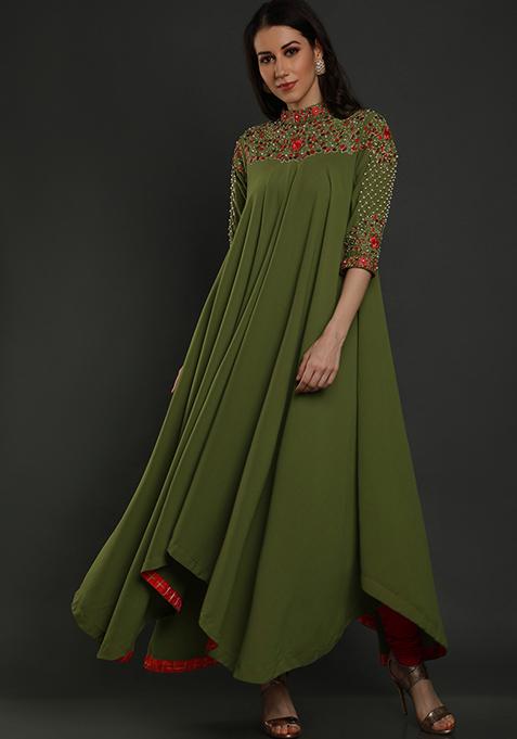 Mehendi Green Thread Work Crepe Tunic