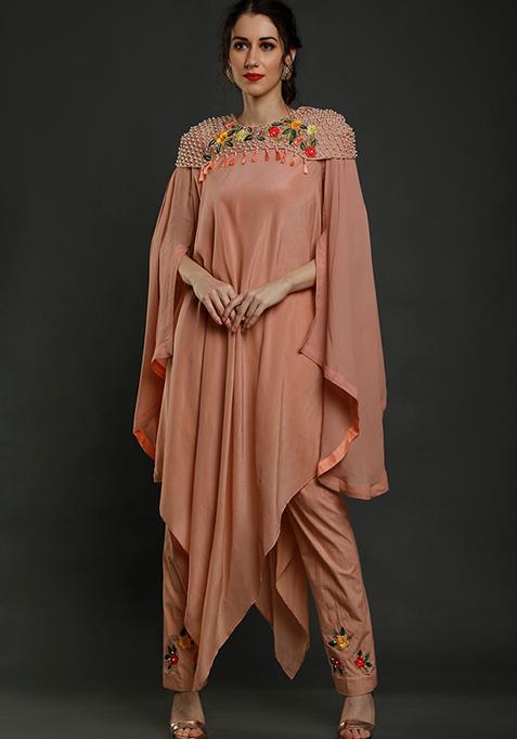 Dark Peach Thread Work Crepe Tunic Set