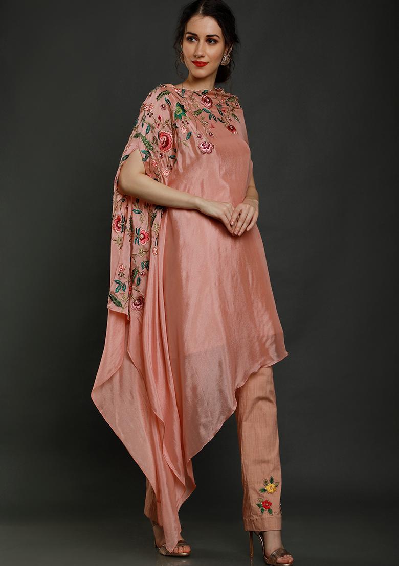 Peach Thread Work Crepe Kaftan Set