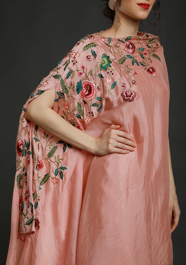 Peach Thread Work Crepe Kaftan Set