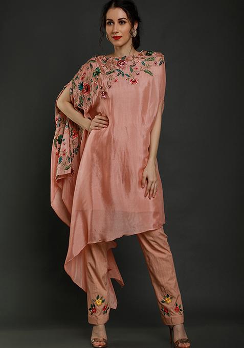 Peach Thread Work Crepe Kaftan Set