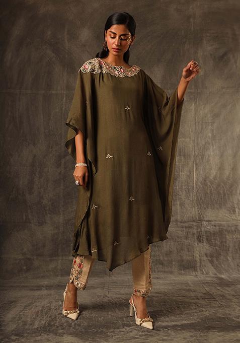 Crocodile Green Cut Pipe Work Jute Crepe Kaftan Set