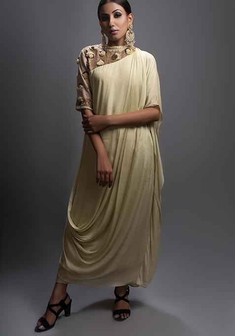 Dusky Green Cut Pipe Work Jute Crepe Tunic Set