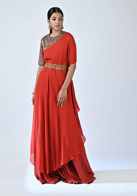 Red Cutdana Embroidered Crepe Kaftan Set