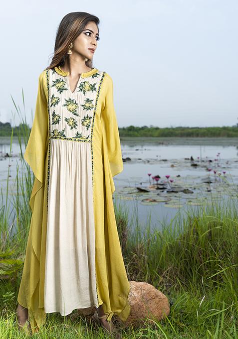 Beige And Green Embroidered Chanderi Crepe Kaftan