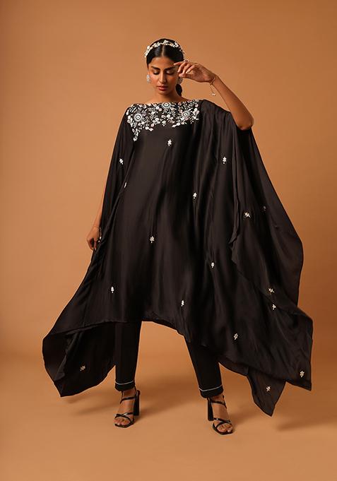 Black Cut Pipe Work Crepe Kaftan Set