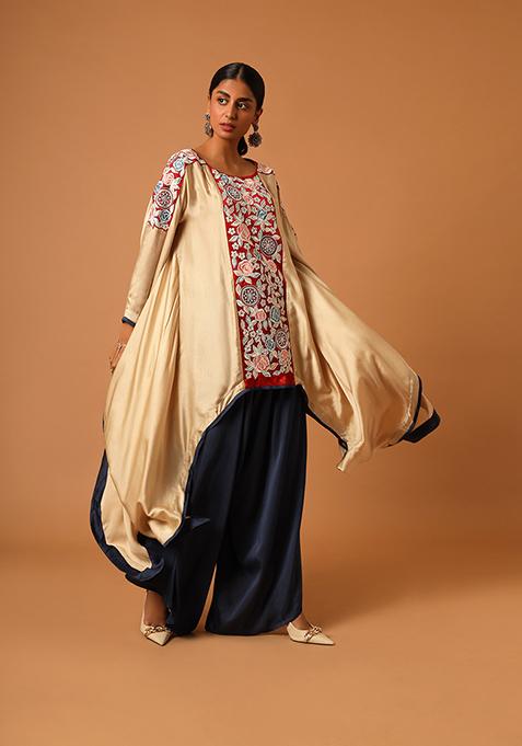 Cream And Navy Blue Cut Pipe Work Gajji Silk Kaftan