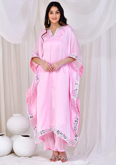 Pink Embroidered Satin Silk Kaftan Set