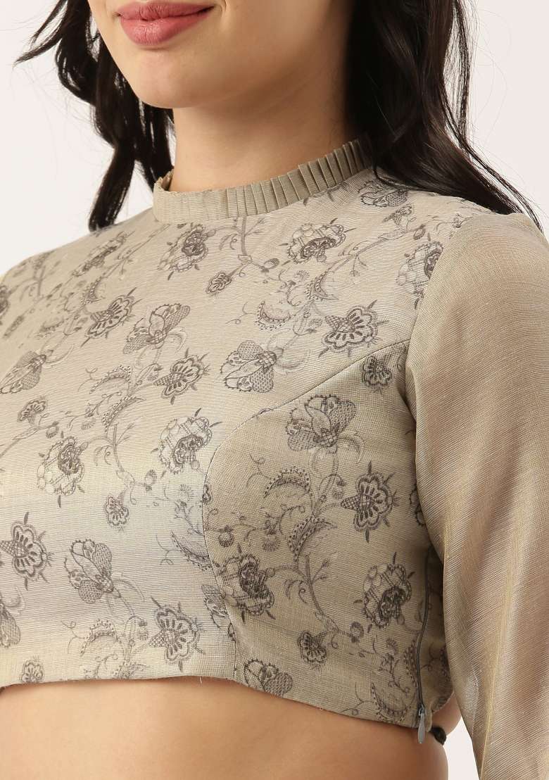 Grey Printed Chanderi Top - Indya