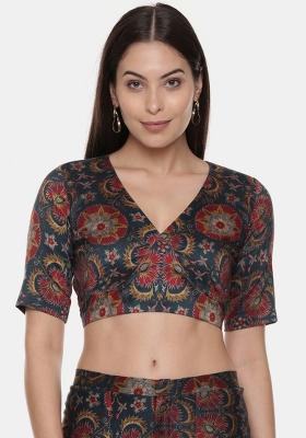Green And Red Printed Silk Top