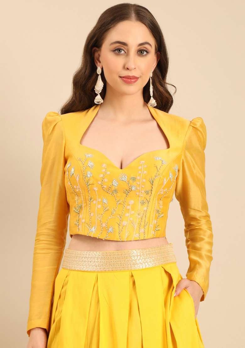 Yellow Embroidered Silk Top - Indya