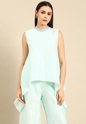 Aqua Blue Solid Silk Top