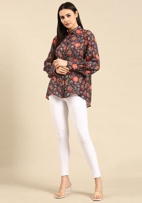 Brown Orange Printed Muslin Top