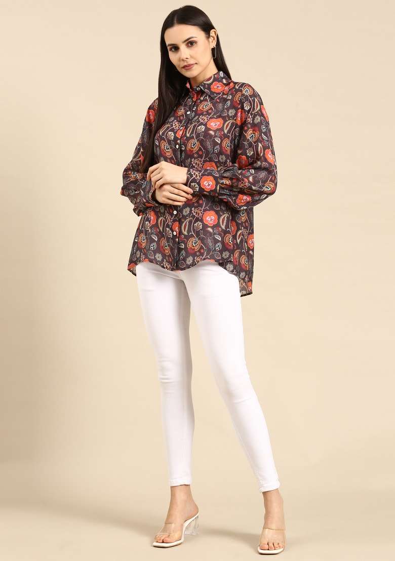 Brown Orange Printed Muslin Top - Indya
