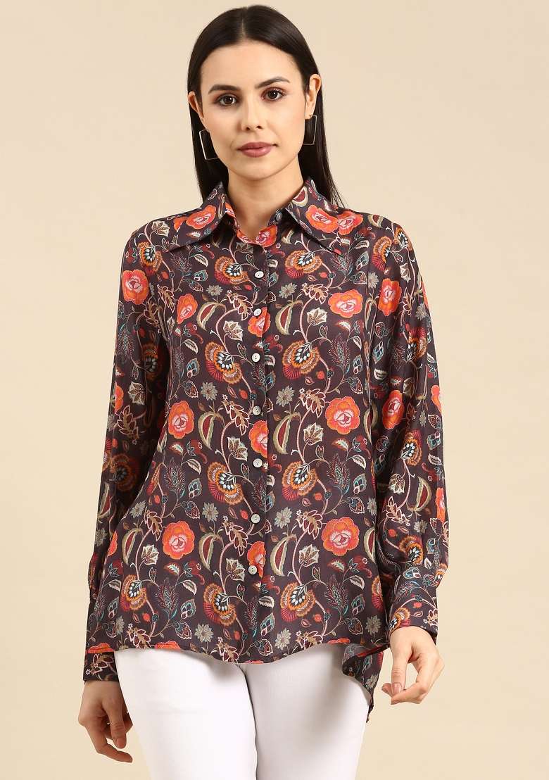 Brown Orange Printed Muslin Top - Indya