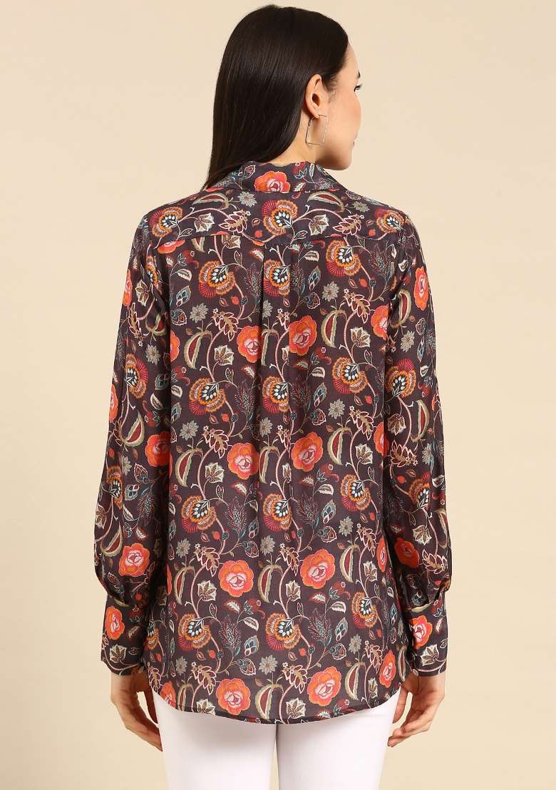 Brown Orange Printed Muslin Top - Indya